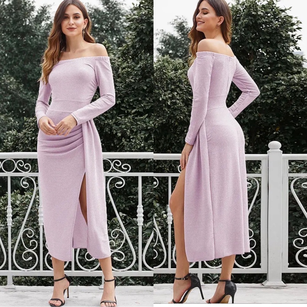 NEW LONG LIGHT PURPLE SPARKLE DRESS SLIT OPENING Off Shoulder